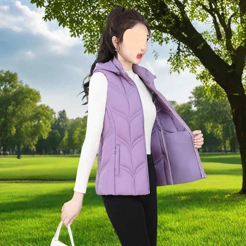 ダウンベスト レディース 秋冬 アウター おしゃれ ベスト ショート丈 ファッション フード付き チョッキ ママ 紫 レッド ブラック ブラウン ポリエステル