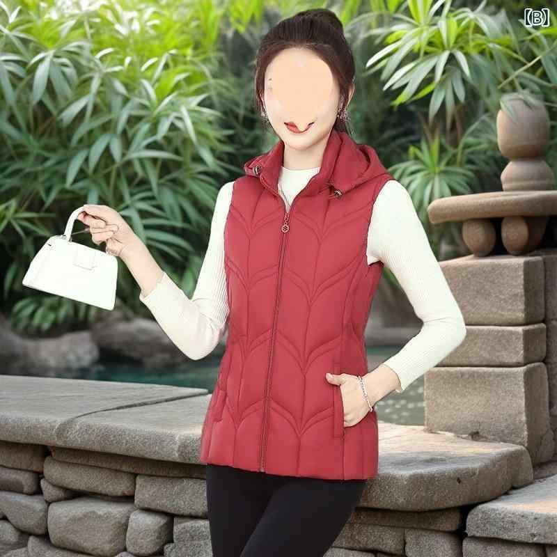 シャドーテールのダウンベスト レディース 秋冬 アウター おしゃれ ベスト ショート丈 ファッション フード付き チョッキ ママ 紫 レッド ブラック ブラウン ポリエステル｜アングル3