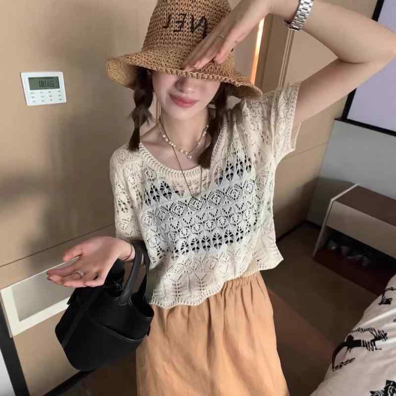 ニット レディース 半袖 薄手 サマーニット トップス 冷房対策 接触冷感 ゆったり 3D効果 ミドル丈 カ..