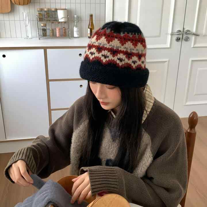 帽子 レディース 秋冬 ウール混紡 ニット帽 漁夫帽 バケットハット レトロ 提花 あったか 防寒 おしゃれ かわいい ブラック グリーン ベージュ レッド グレー