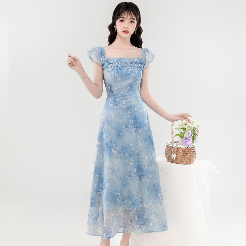 Other - ワンピース レディース 花柄 フレンチ スカート 夏 方領 短袖 高腰 Aライン ミドル丈 雪纺 素材 甘め 清新 スタイル 優しい 風 収腰 スリム デザイン ブルー かわいい 女性用 軽やか ロマンティック ガーリー ファッション