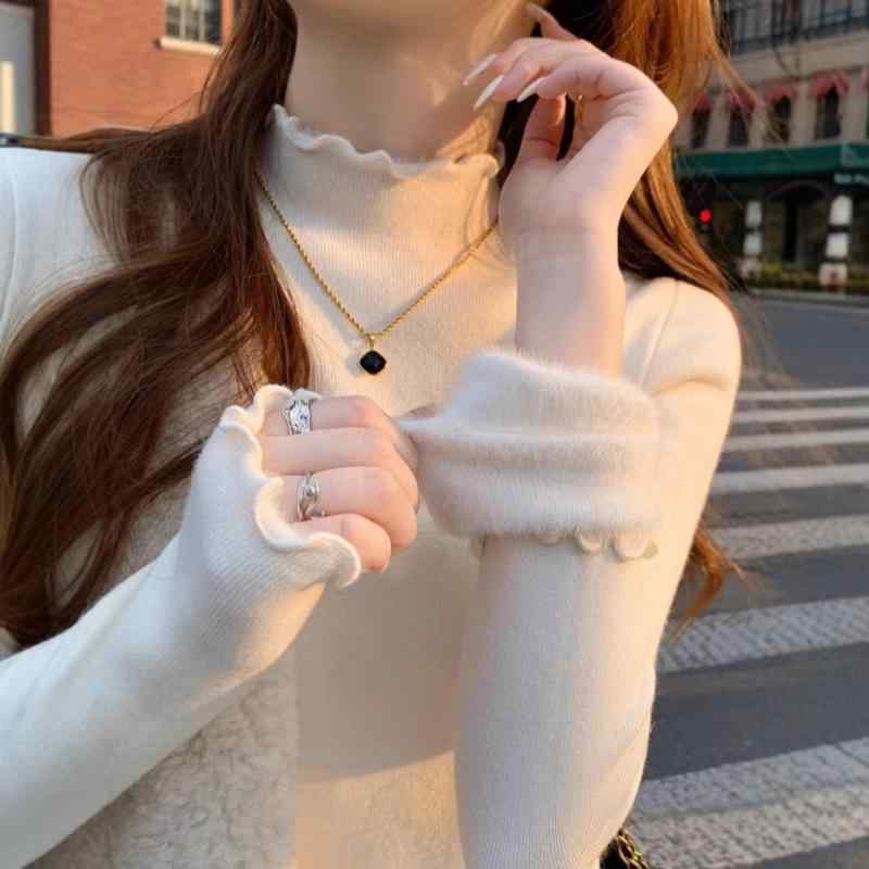 ニット レディース 秋冬 白色 インナー 裏起毛 トップス ハイネック メローフリル セーター チュニック..