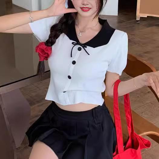 Tシャツ レディース かわいい 接触冷感 ニット トップス 半袖 ショート丈 パフスリーブ 襟付き ポロ襟 無地 薄手 へそ出し ブラック 黒 ホワイト 白 春夏