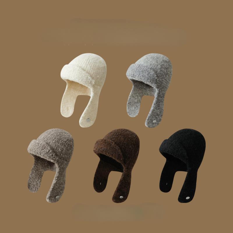 Knit Hat - 帽子 レディース かわいい 耳当て付き ニット帽 秋冬 防寒 暖かい 小顔効果 おしゃれ 飛行帽 キャップ グレー ブラック ベージュ ブラウン コーヒー色 モカ色 あったかグッズ