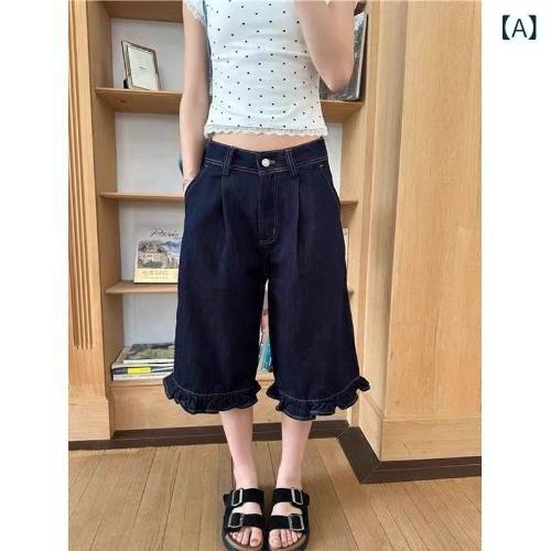 デニム レディース 大きいサイズ ゆったり ワイド キュロット 深青色 ハイウエスト ウォッシュド加工 7分丈 春夏