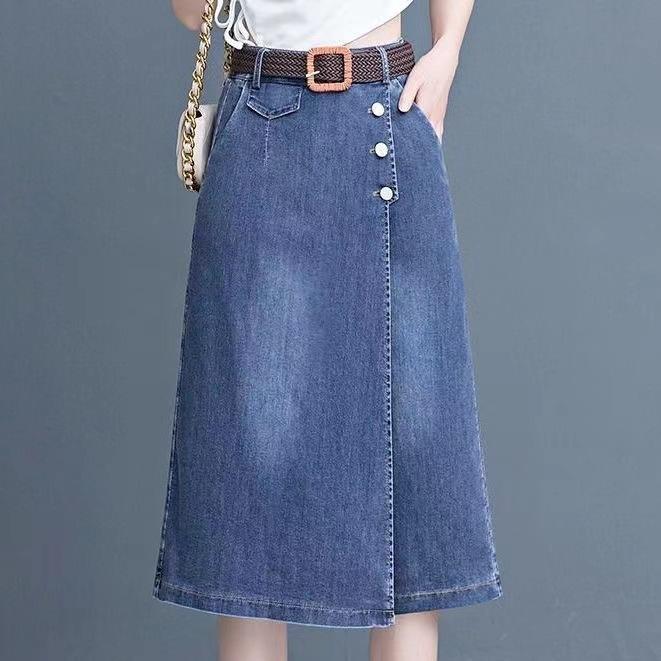 スカート レディース デニム Aライン ミドル丈 ハイウエスト ゆったり 春夏 カジュアル ブルー ポケット付き