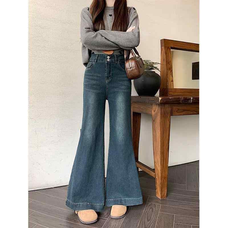 デニム レディース 大 喇叭 パンツ 黒 ハイウエスト ルーズ ゆったり 美脚 脚長 ジーパン Gパン ジーンズ ズボン ボトムス デイリー ヴィンテージ風 通勤 通学 春