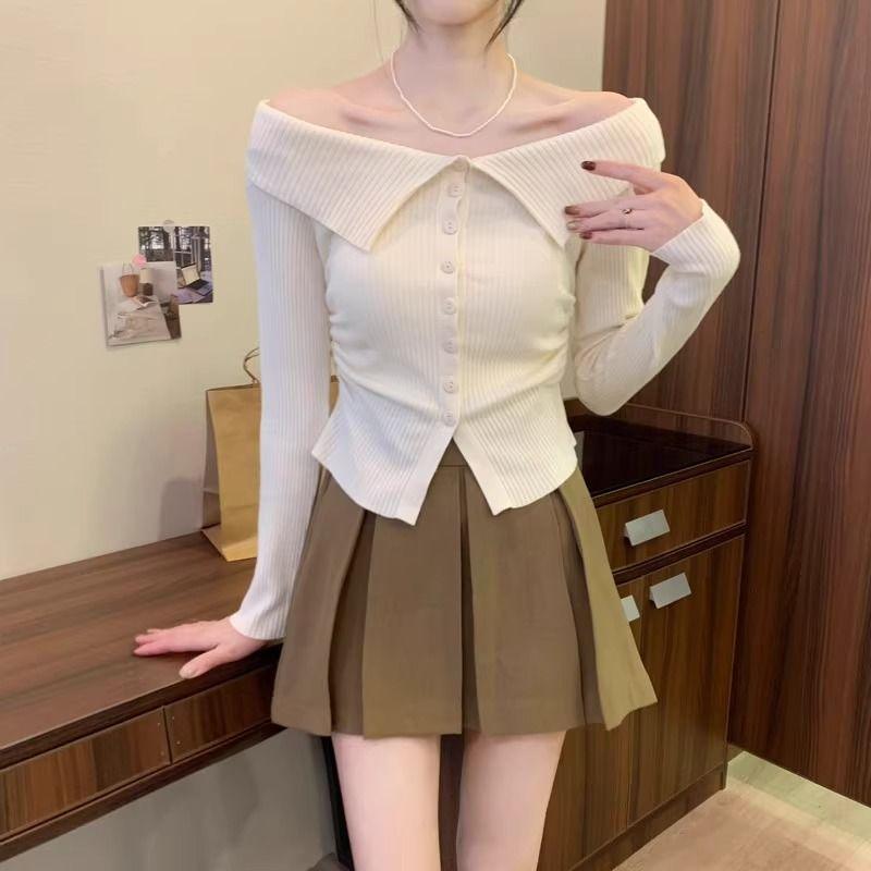 Shirts, T-Shirts - ニット レディース トップス 法式 一字肩 アシンメトリー デザイン 早秋 ショート丈 スリム 長袖 カットソー 白 杏色 黒 コーヒー色 オートミール色