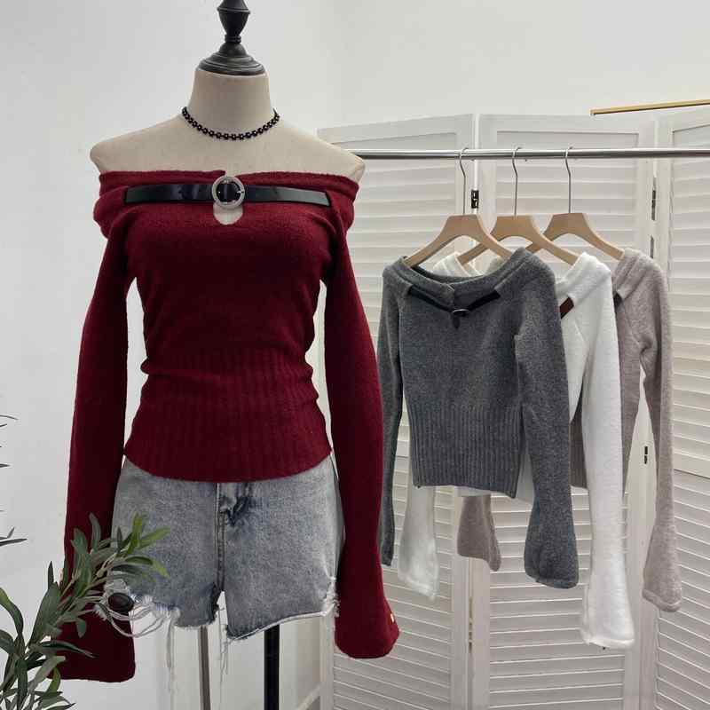 ニット レディース アメリカン レトロ レザー ベルト オフショルダー 長袖 トップス ショート丈 セータ..