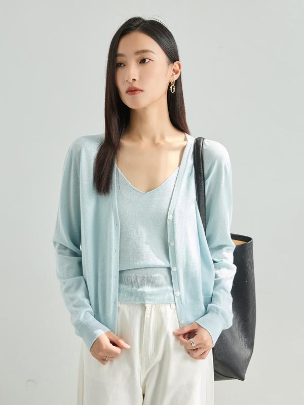 ニットアンサンブル レディース 春夏 吊り編み ウール カーディガン トップス 薄手 Vネック 長袖 イン..