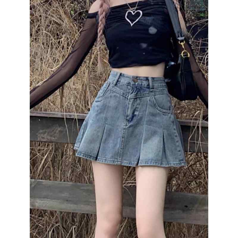 スカート レディース デニムスカート ミニスカート ハイウエスト プリーツ Aライン 薄手 ブルー系 カジ..