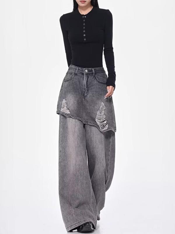 デニム レディース パンツ キュロット 一体型 ドッキング ジーンズ 春秋 レトロ ユーズド加工 ブラック ダメージ ストレート ズボン