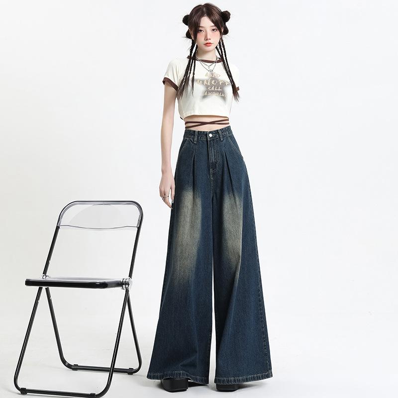 デニム レディース デニムパンツ ジーンズ ジーパン ワイドパンツ バギーパンツ ゆったり ハイウエスト 美脚 脚長 着痩せ ブルー インディゴ 普段使い 韓国ファッション 秋冬