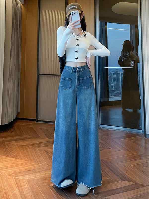 デニム レディース 高見え ワイドレッグ ジーンズ スカート風パンツ ハイウエスト スタイルアップ ゆったり 美脚 ロングパンツ カジュアル ボトムス ポケット付き 普段使い