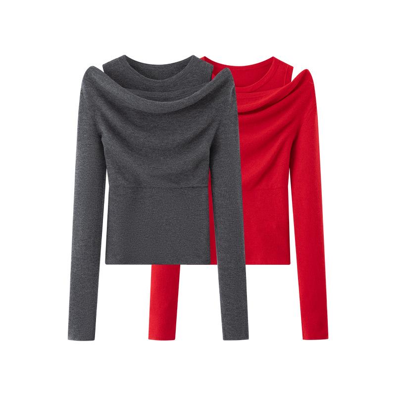 ニット レディース 春秋物 肩出し フェイクレイヤード ラウンドネック プルオーバー トップス 長袖 ポリエステル 無地 スモークグレー 中国レッド S M L XL エレガント 通勤