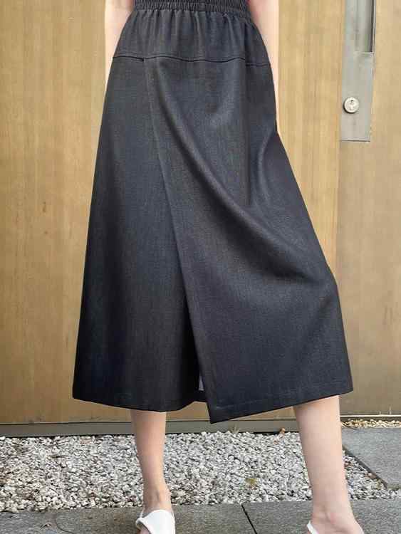 デニムスカート レディース 薄手 ワイドレッグパンツ キュロットスカート ハイウエスト Aライン ミモレ丈 無地 ブラック 紺色 通勤 き..