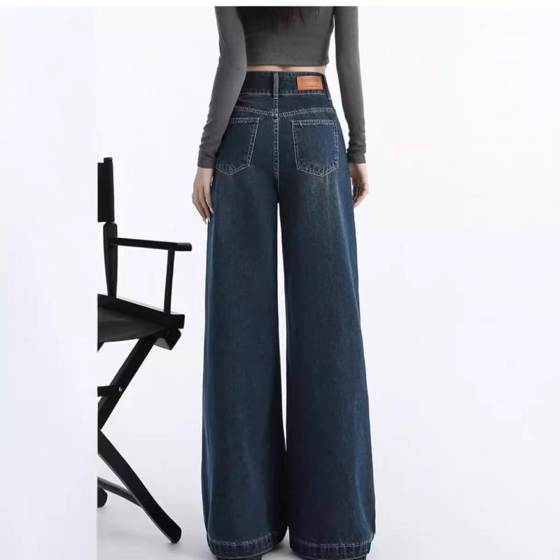 デニム レディース 大きいサイズ 高身長 ワイドパンツ ストレート ジーパン ジーンズ ゆったり ハイウエスト 美脚 脚長 体型カバー 濃いブルー コットン 綿 カジュアル シンプル 普段使い