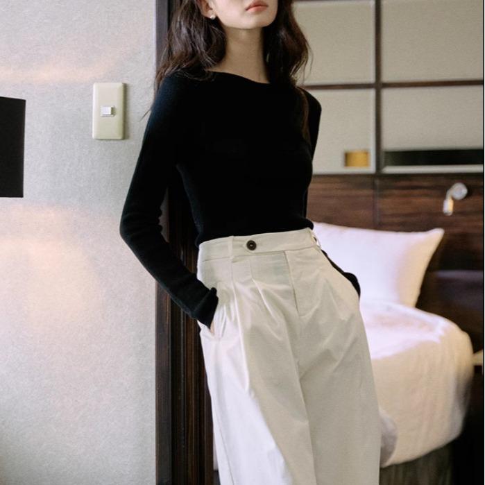 ニット レディース 長袖 一字襟 黒 トップス スリムフィット 無地 プルオーバー セーター ウール混紡 秋冬 カジュアル きれいめ