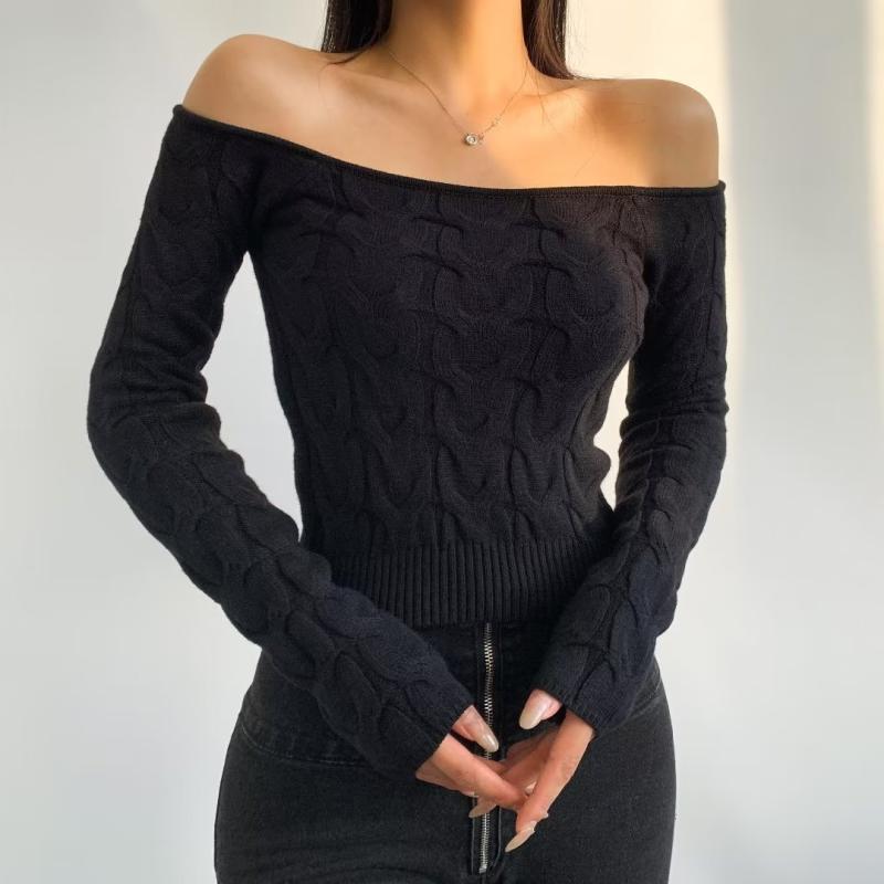 ニット レディース 一文字襟 肩出し トップス 秋冬 セクシー タイト 無地 長袖 ショート丈 黒 白 ベージュ 綿 伸縮性