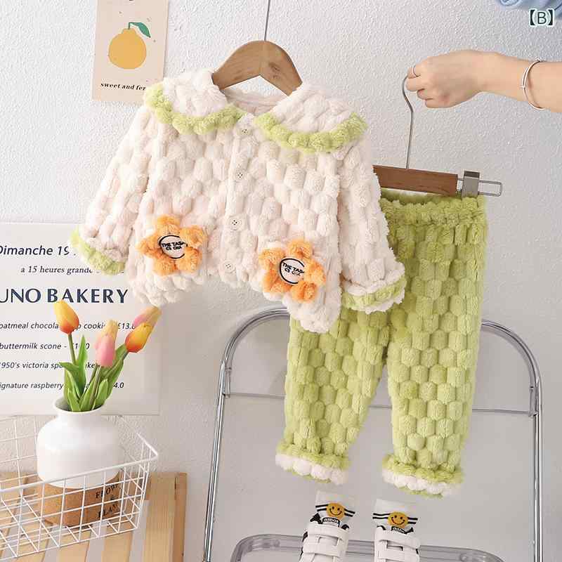 子供用パジャマ 秋冬 珊瑚フリース 厚手 女児 ドール襟 寝巻き 上下セット 幼児 部屋着 花柄 かわいい 80 90 100