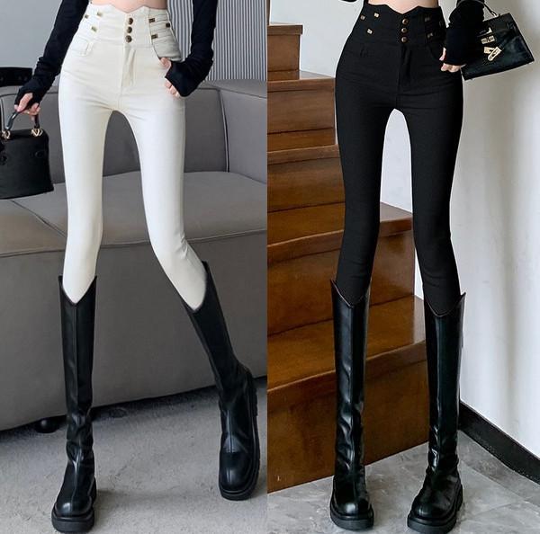 ジーンズ レディース ハイウエスト スキニー デニム パンツ ストレッチ ジーパン 美脚 厚手 ロングパンツ ポケット ボタン OL オフィス カジュアル 通勤 秋冬 米白色