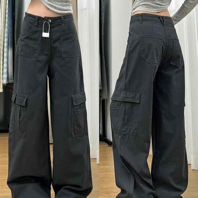 ジーンズ レディース ワイド カーゴパンツ 春 高見え デニムパンツ ゆったり ストレート 薄手 グレー系 カジュアル きれいめ スタイル