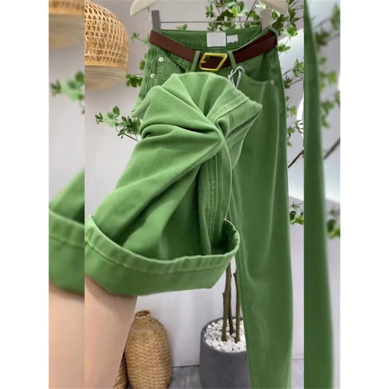 デニム レディース 高身長 ワイドパンツ 薄手 大きいサイズ ストレート ゆったり アボカドグリーン 黒 ..