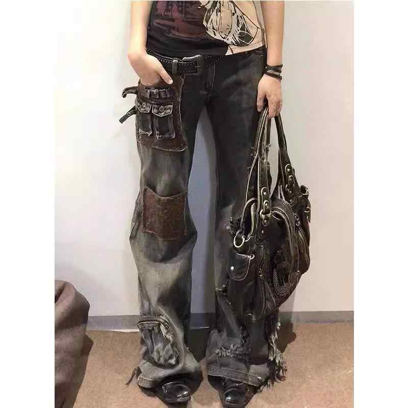 ジーンズ レディース 大きいサイズ アメリカン レトロ ワークパンツ パッチワーク 切り替え デザイン デニムパンツ ベルボトム ハイウ..