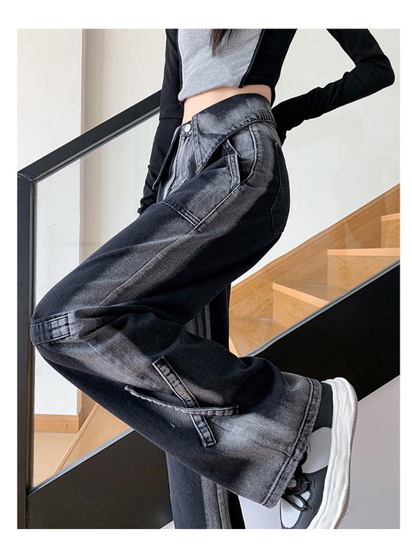 デニム レディース 黒 グレー 裾折り返し ワイドレッグ ジーンズ パンツ 高見え 高身長 スタイルアップ 美脚 春夏 ストリート カジュアル