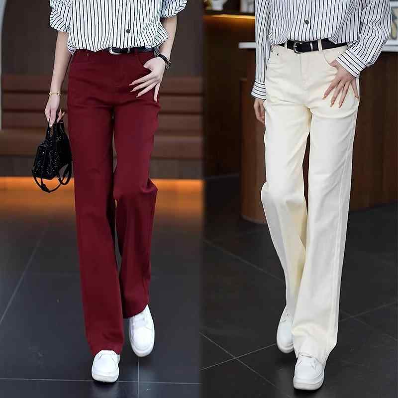 デニム レディース 秋冬 高見え 美脚 脚長効果 ストレッチ 裾フリンジ ベルボトム ジーンズ 赤 黒 オフホワイト 茶色