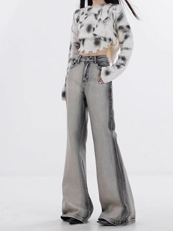 デニム レディース テーパードジーンズ ウォッシュ加工 ハイウエスト 美脚 体型カバー グレー 伸縮性