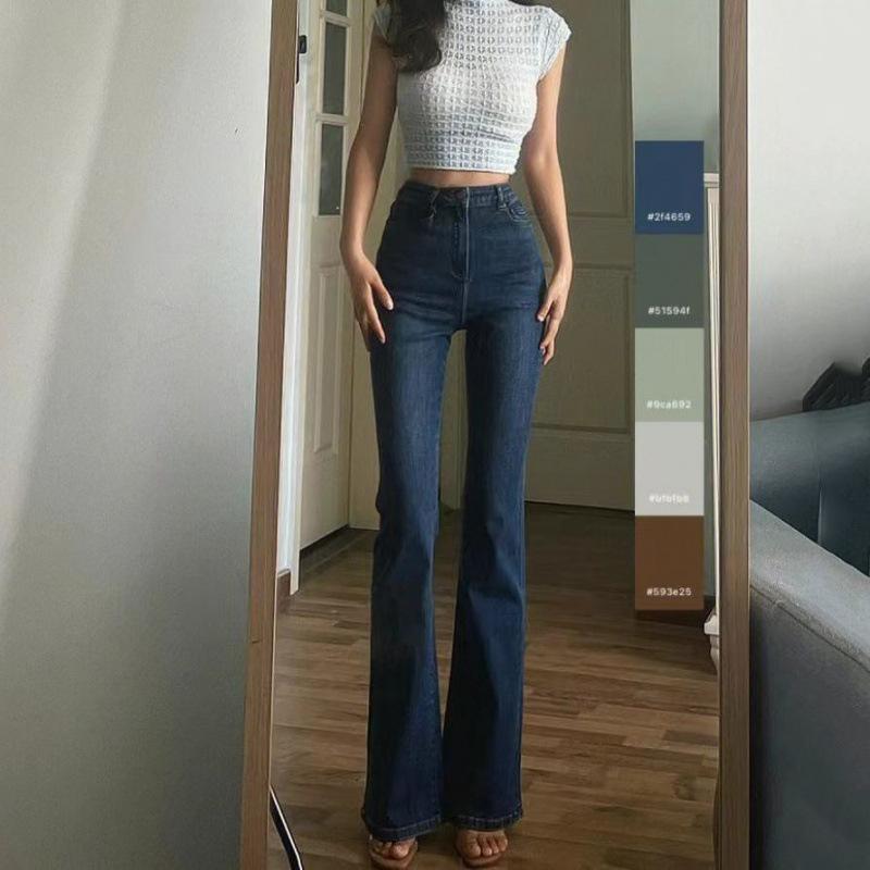 ジーンズ レディース ハイウエスト スキニー デニム ロングパンツ 股下85 伸縮 ストレッチ 美脚 脚長 深青 黒