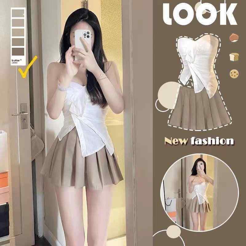 セットアップ レディース トップス スカート 上下セット ノースリーブ プリーツスカート ミニスカート ..