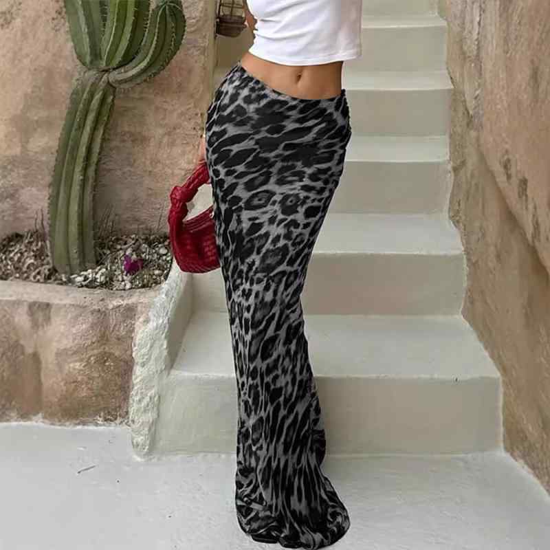 スカート レディース ヒョウ柄 プリント タイト 美尻 着痩せ ロングスカート ポリエステル 魚尾 マーメイド ブラック カーキ 伸縮性 街頭 欧美風