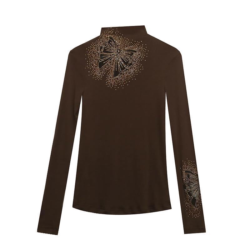 Tシャツ レディース 長袖 高襟 花柄 レース 切り替え チュール スリム トップス カットソー 接触冷感 吸湿速乾 カジュアル ブラック コーヒー S M L XL 2XL 3XL