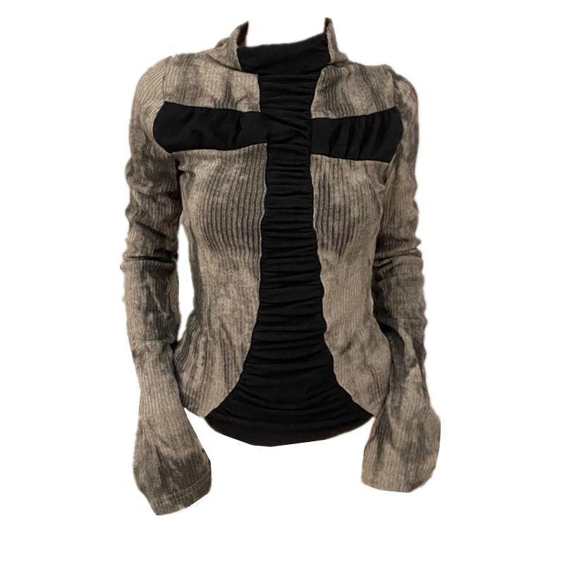 Tシャツ レディース 長袖 十字架 スリムフィット 配色 ストリート スタイル トップス 粘胶繊維 接触冷感 プルオーバー カットソー