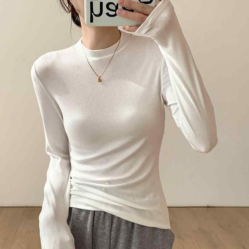 Tシャツ レディース 女性用 リブ ハイネック モーダル カットソー スリムフィット 長袖 無地 裏起毛 あったか 暖かい 秋冬 重ね着 レイヤード オフィス カジュアル