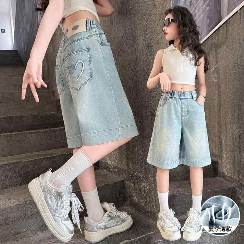 子供服 デニムパンツ ガールズ 五分丈パンツ 薄手 夏物 8歳以上 浅青色 デニム