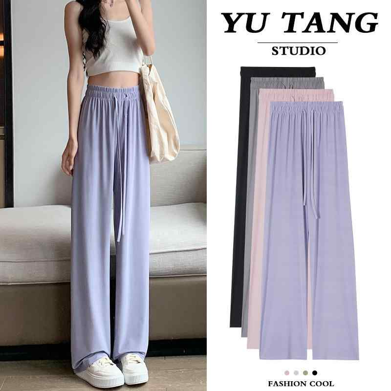 パンツ レディース 接触冷感 涼しい 薄手 速乾性 ポリエステル ズボン ストレートパンツ ワイドレッグパンツ ハイウエスト 黒 ピンク系 紫 灰色 緑 M L XL ゆったり 普段使い リラックス