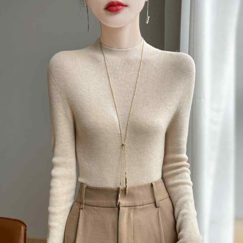 ニット レディース ウール 秋冬 トップス 長袖 セーター ハーフネック プルオーバー 無地 薄手 伸縮性 通勤 オフィスカジュアル エレガント ベージュ系 ブラック系
