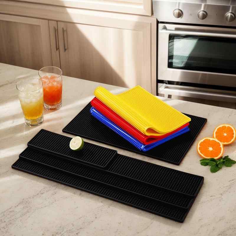 水切りマット 長方形 PVC製 防滑マット バーカウンター コーヒー ティーカップ グラス 乾燥 吸水 速乾 ブラック