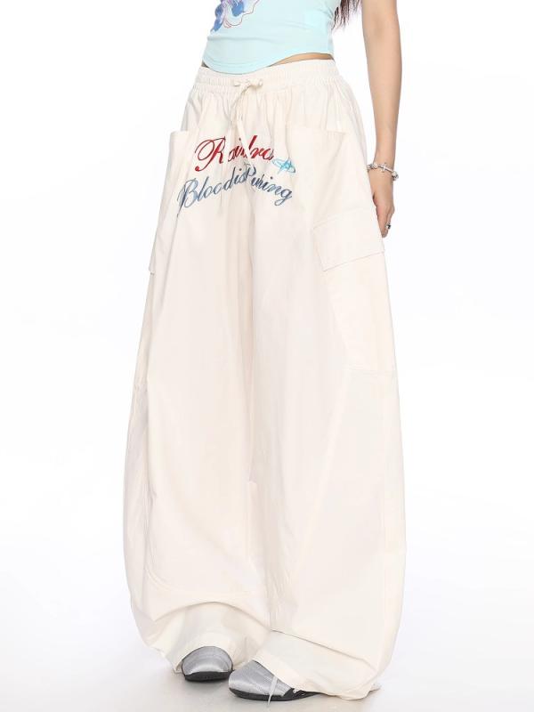 パンツ レディース ワークパンツ カーゴパンツ ワイドパンツ ストリート カジュアル ダンス ゆったり 体型カバー ミリタリー 刺しゅう 無地 薄手 春夏