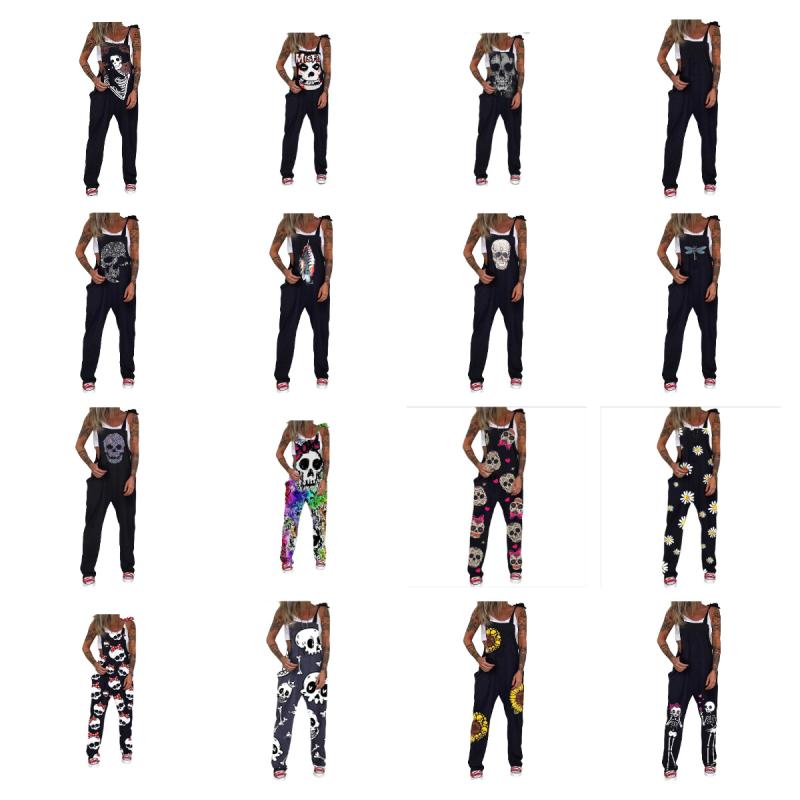 オールインワン レディース オーバーオール 大きいサイズ 小花柄 クラウン スカル ドクロ 猫 バタフラ..