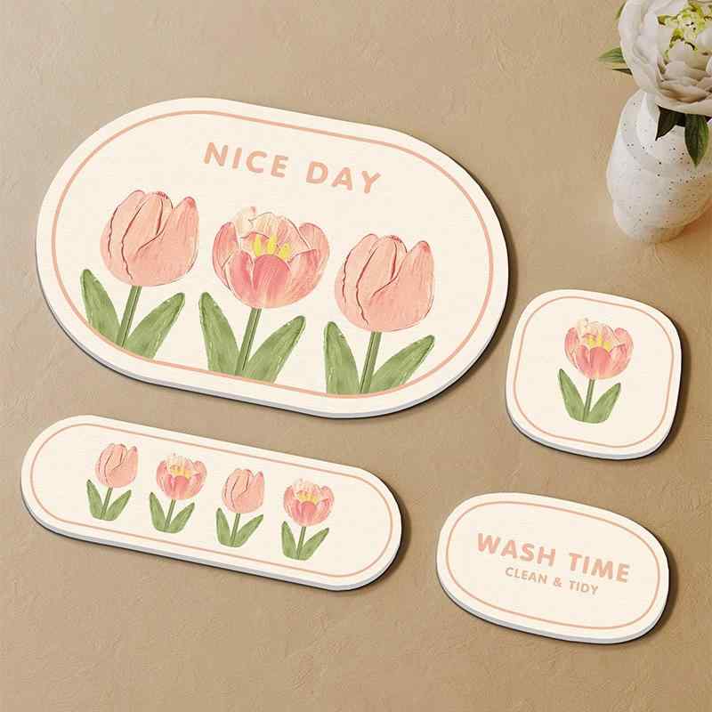 マット レディース メンズ 珪藻土 吸水マット 硬板 花柄 キッチンマット バスマット 洗面所マット 浴室マット 速乾 滑り止め