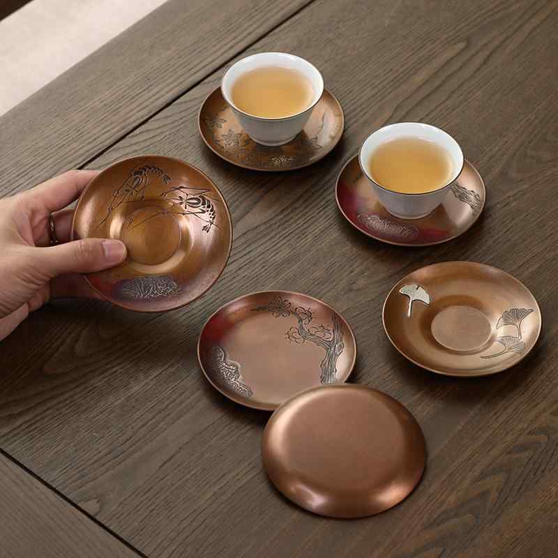 茶托 紫銅 錫メッキ 銀杏 葉っぱ 模様 茶道 茶道具 レトロ 和風 禅意 功夫茶 断熱 おしゃれ シンプル