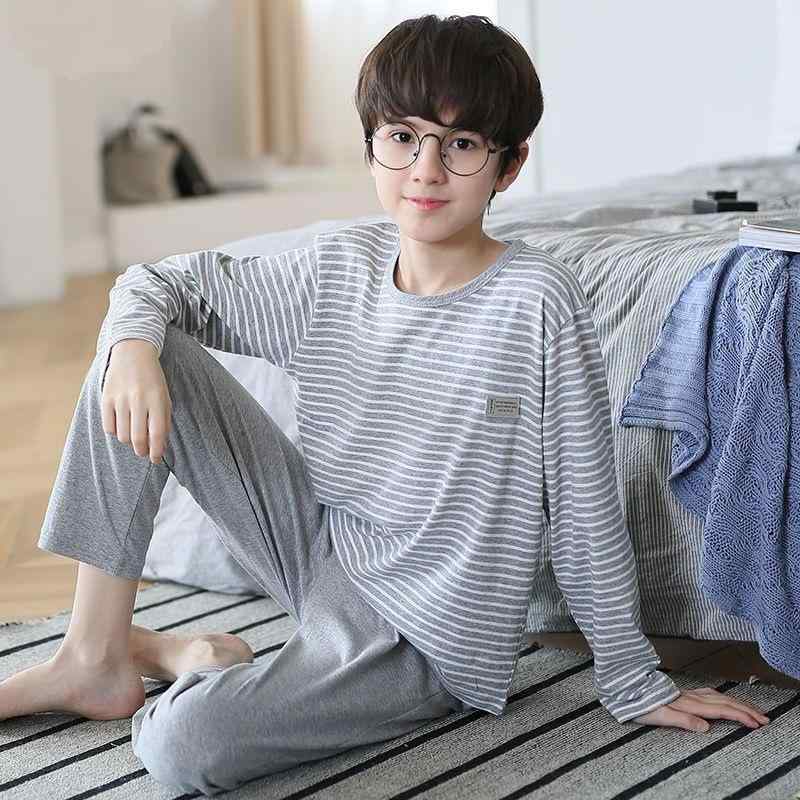 子供用パジャマ 男の子 春秋 長袖 綿 中大 детски シンプル 薄手 上下セット 120cm 130cm 140cm 150cm 160cm 170cm ストライプ柄 青色 灰色