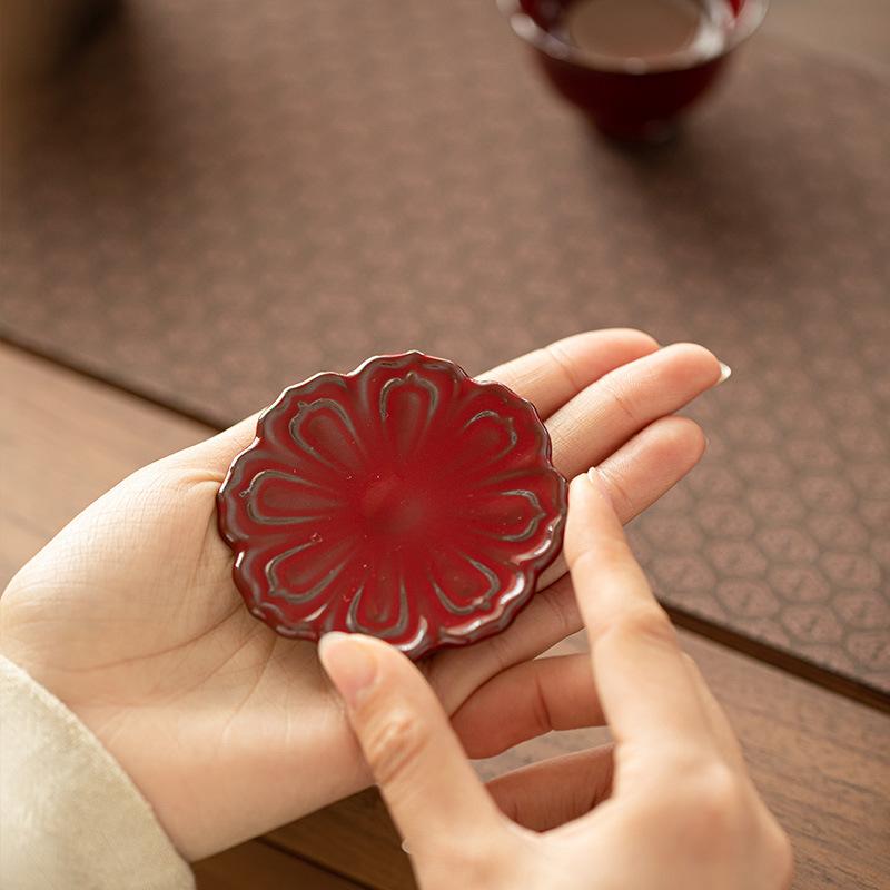 カップ コースター 茶托 陶器 茶器 茶道具 蓮花 新中式 贈り物 記念品 お祝い 高級感 赤