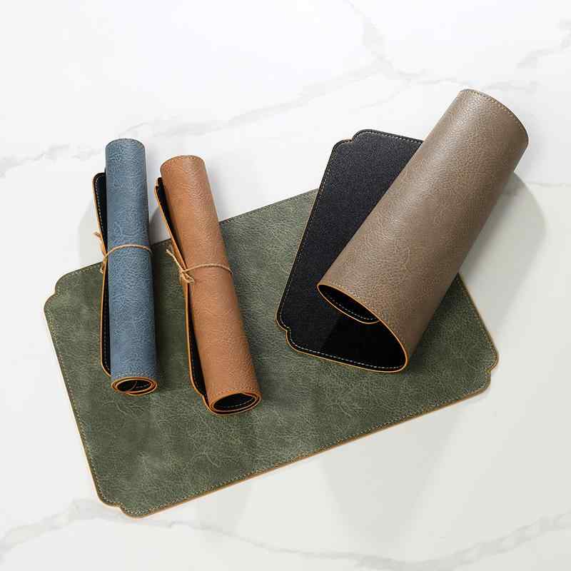 ランチョンマット レザー 西洋 復古 牛革柄 断熱 テーブルマット 家庭用 ブルー 花柄 扇形