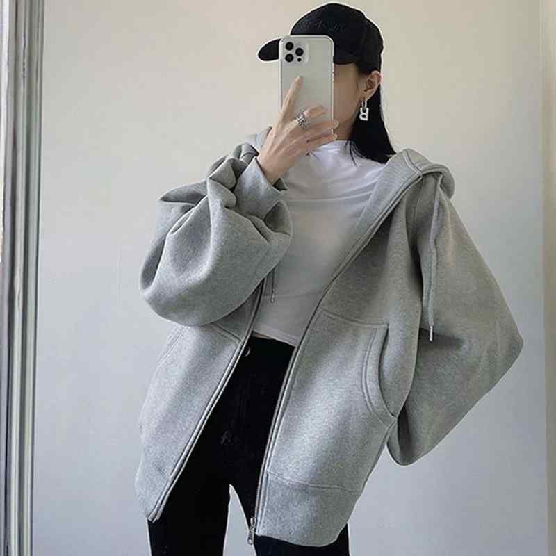 Rakuten - パーカー レディース 薄手 ジップアップ 長袖 無地 グレー系 トップス 部屋着 韓国風 カジュアル スポーティー 春秋