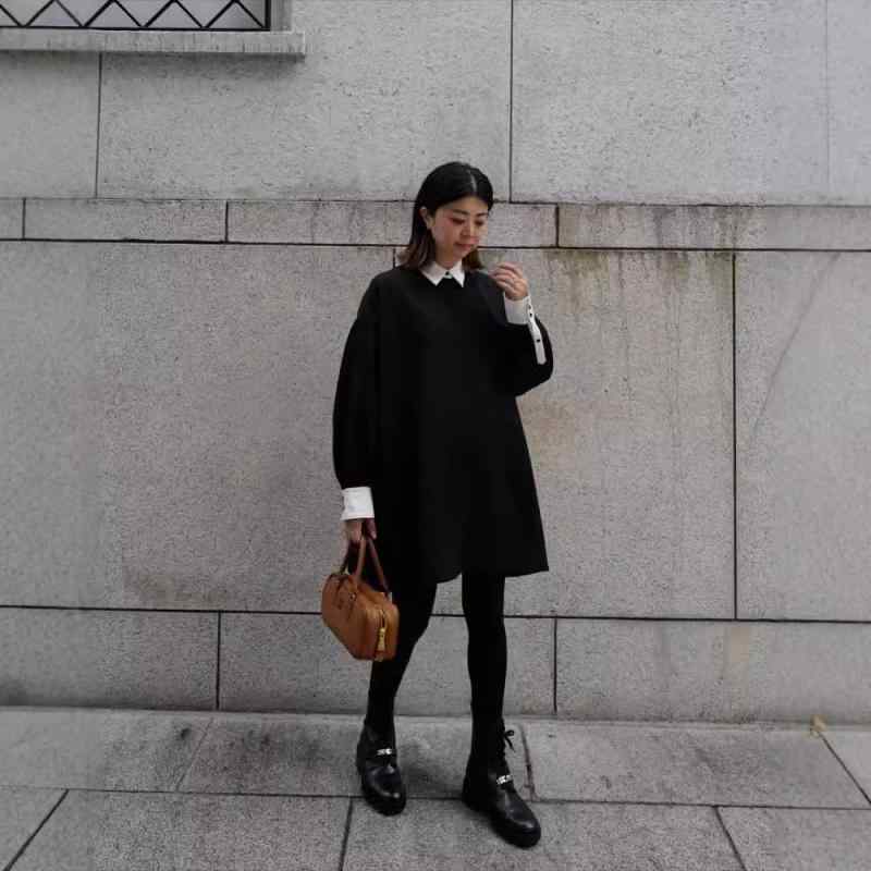 シャツ レディース 秋冬 長袖 レトロ 配色 切り替え 襟付き トップス ゆったり 体型カバー ブラック グ..